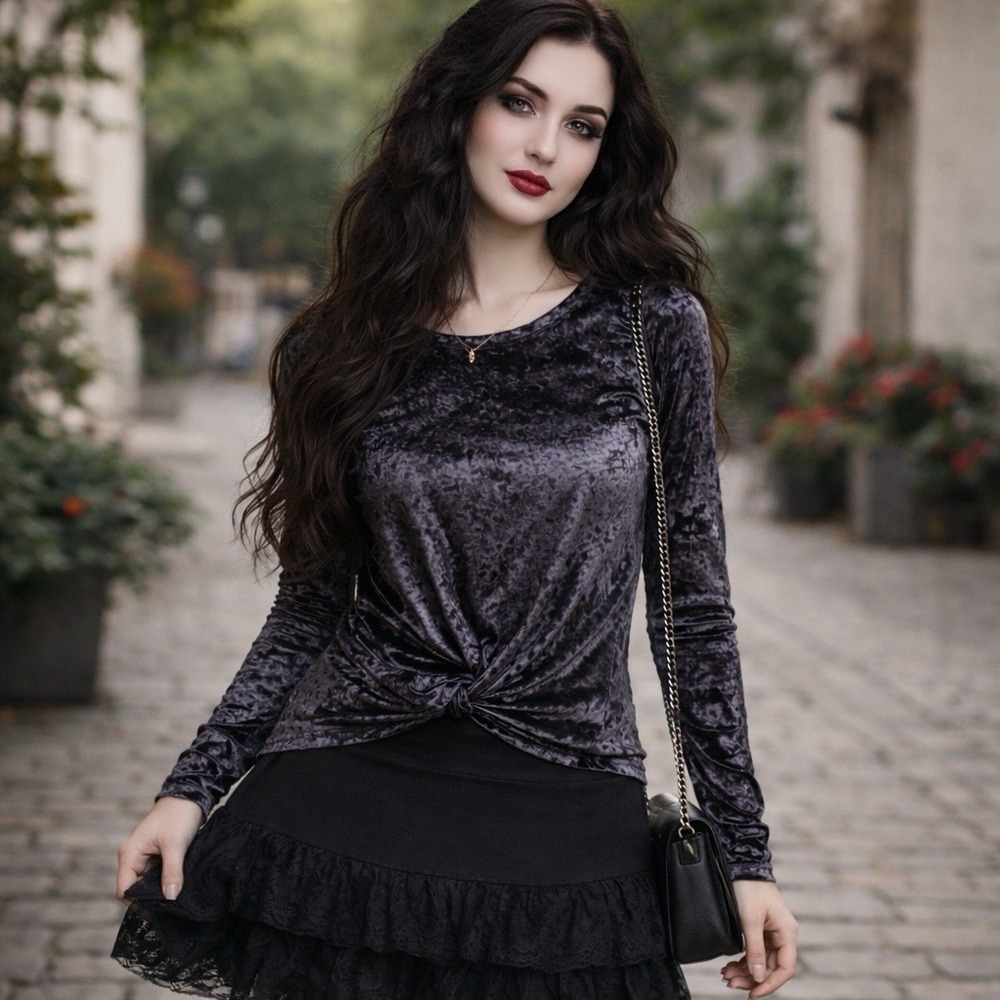 Altar'd State Black Crushed Velvet Twist Front Long Sleeve Top Small Goth Vamp